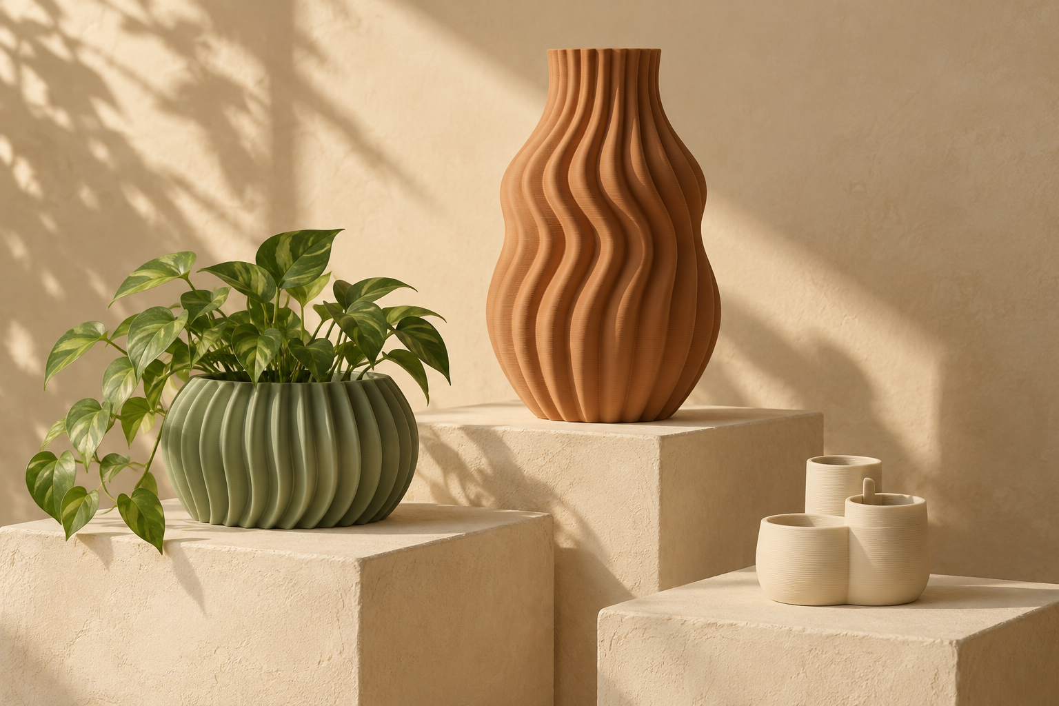 Jarrón terracota, maceta verde y organizador crema impresos en 3D